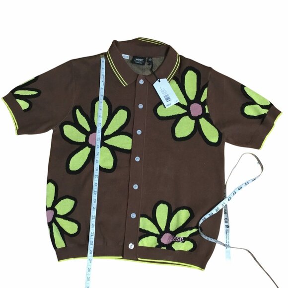 WESC Oversized Women Polo Collar Daisy Cardigan Shirt Brown Green Flowers XL NWT - Picture 4 of 10